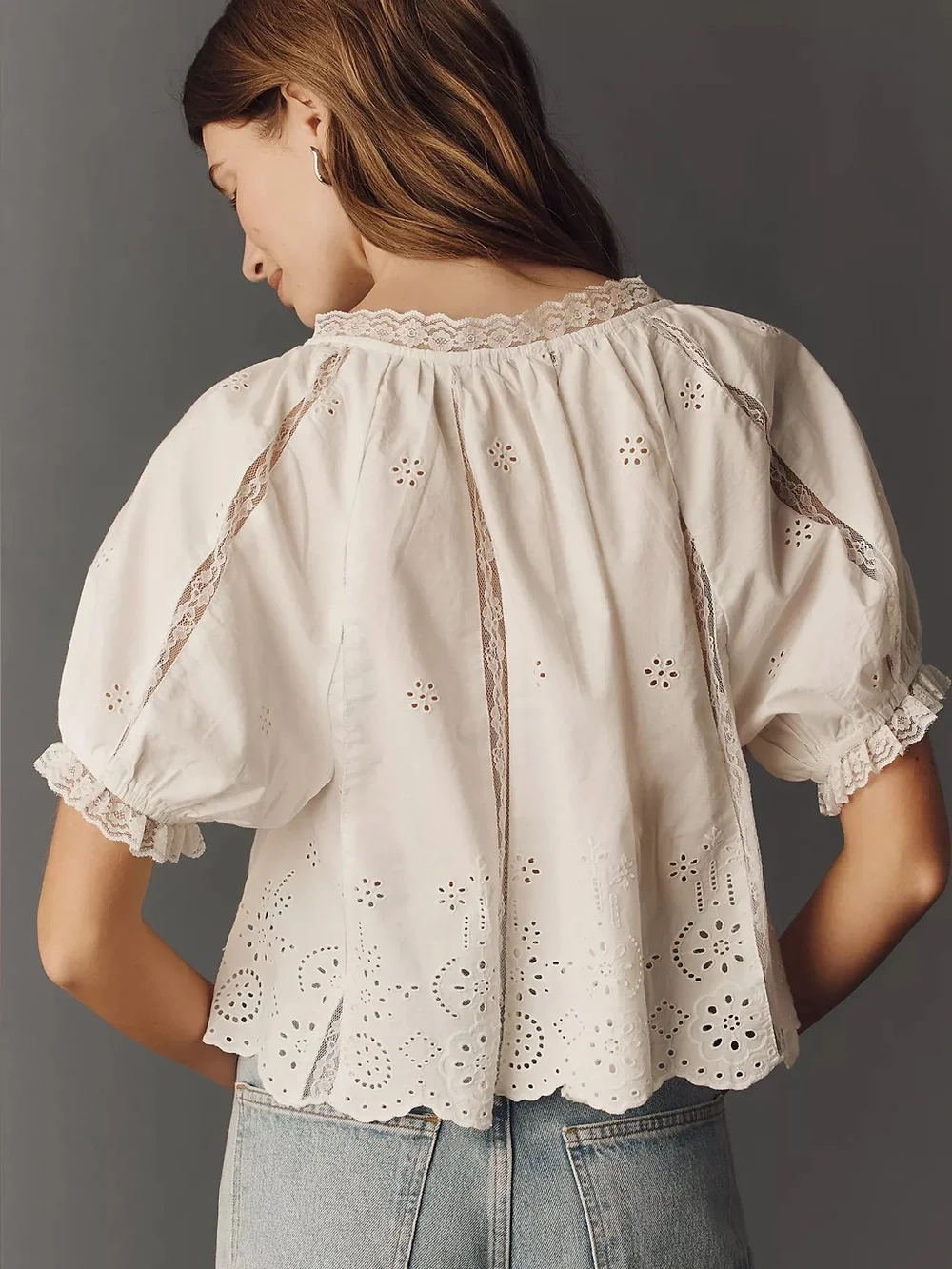 By Anthropologie Embroidered Puff-Sleeve Swing Top
